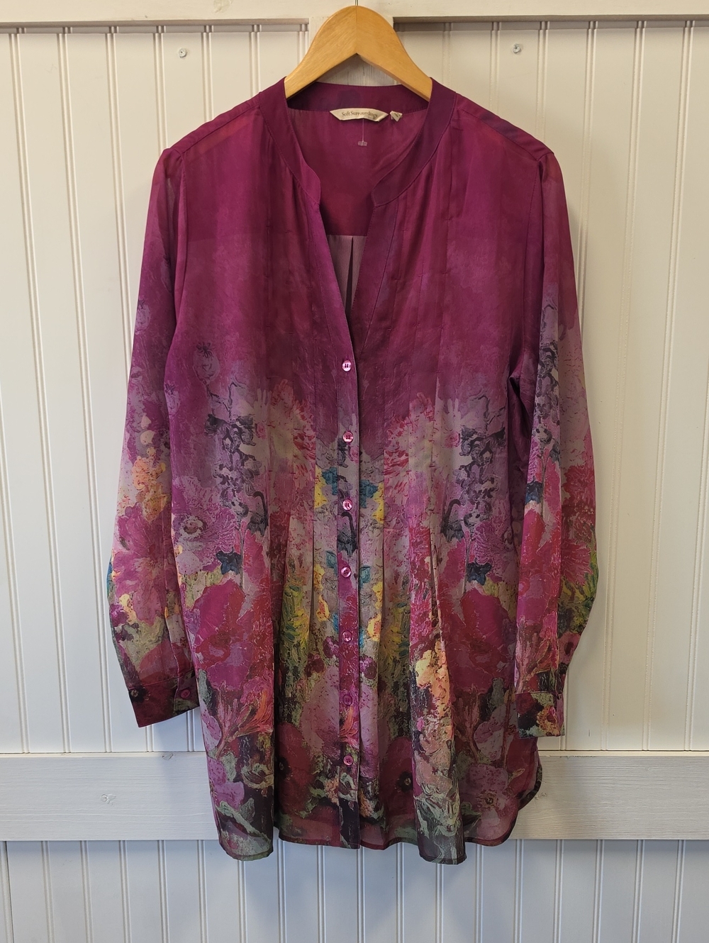 Soft Surroundings Multi-color Floral Button-Down Sheer Tunic Blouse Top Size L